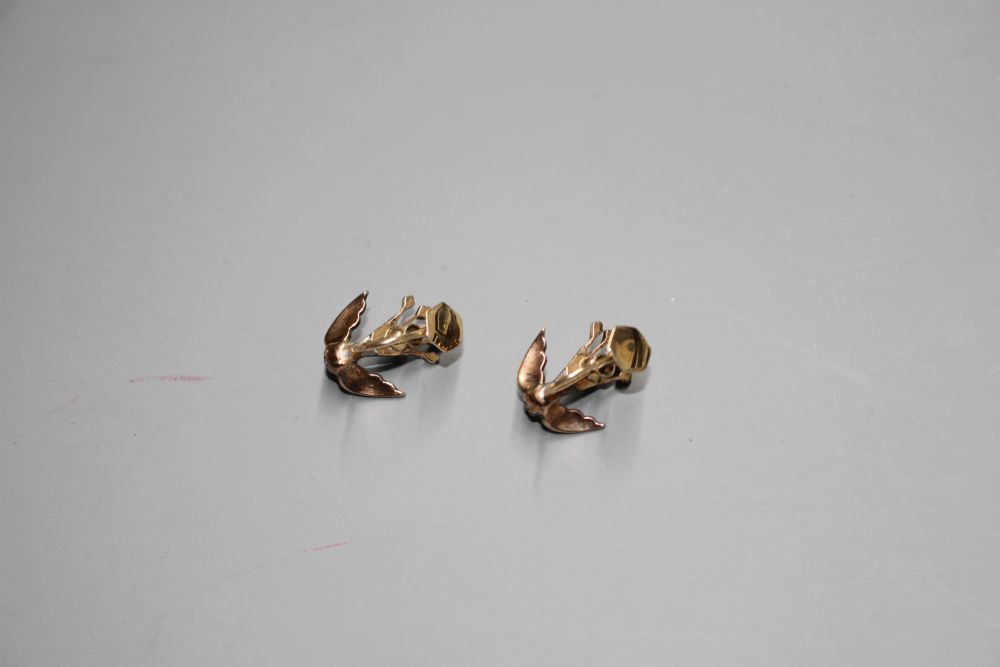 A pair of Victorian yellow metal and rose cut diamond set swallow ear clips (adapted), 19mm.